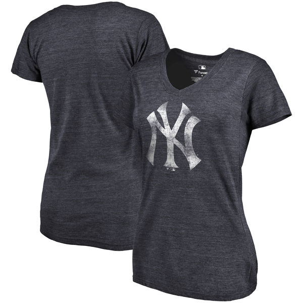 New York Yankees Fanatics Branded Women's Primary Distressed Team Tri Blend V Neck T-Shirt Heathered Navy