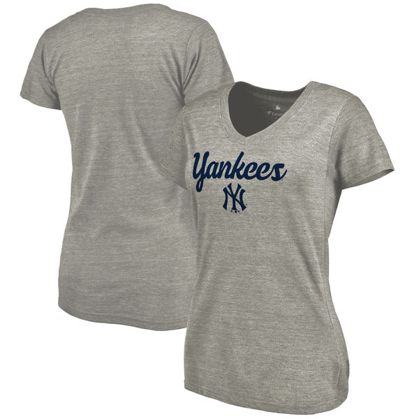 New York Yankees Women's Freehand V Neck Slim Fit Tri Blend T-Shirt Ash