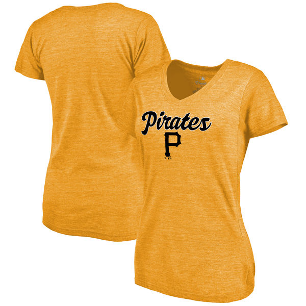 Pittsburgh Pirates Women's Freehand V Neck Slim Fit Tri Blend T-Shirt Gold