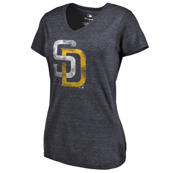 San Diego Padres Fanatics Branded Women's Primary Distressed Team Tri Blend V Neck T-Shirt Heathered Navy