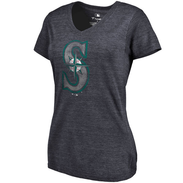 Seattle Mariners Fanatics Branded Women's Primary Distressed Team Tri Blend V Neck T-Shirt Heathered Navy