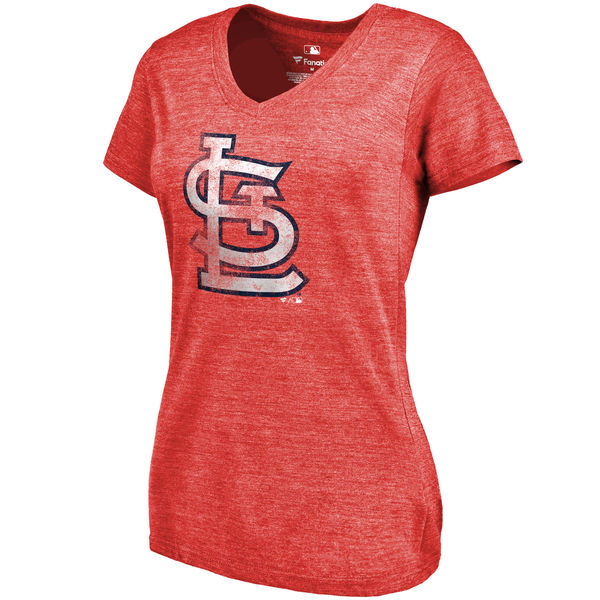 St. Louis Cardinals Fanatics Branded Women's Primary Distressed Team Tri Blend V Neck T-Shirt Heathered Red