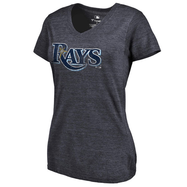 Tampa Bay Rays Fanatics Branded Women's Primary Distressed Team Tri Blend V Neck T-Shirt Heathered Navy