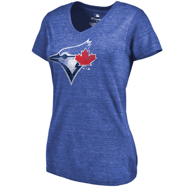 Toronto Blue Jays Fanatics Branded Women's Primary Distressed Team Tri Blend V Neck T-Shirt Heathered Royal