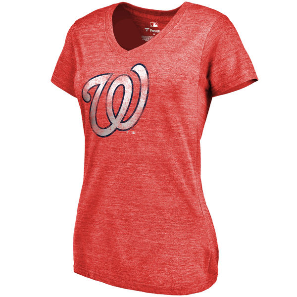 Washington Nationals Fanatics Branded Women's Primary Distressed Team Tri Blend V Neck T-Shirt Heathered Red