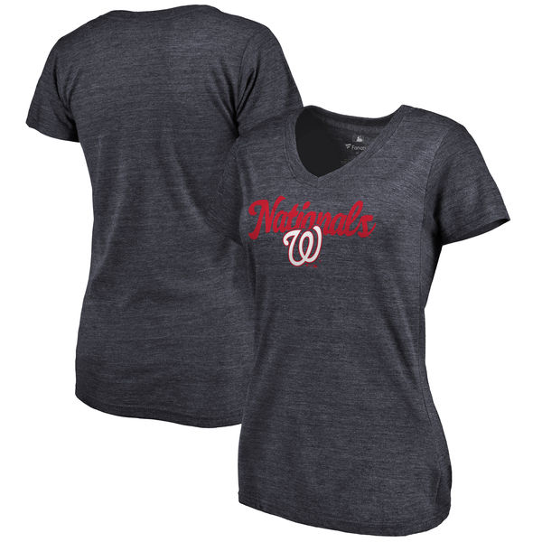 Washington Nationals Women's Freehand V Neck Slim Fit Tri Blend T-Shirt Navy - Click Image to Close