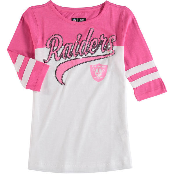 Oakland Raiders 5th & Ocean Women's Half Sleeve T-Shirt Pink - Click Image to Close