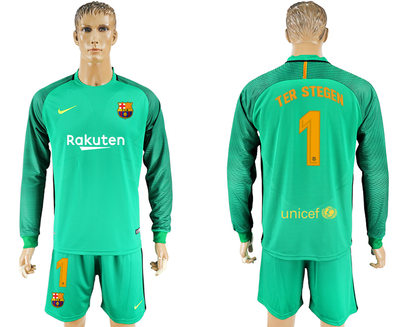 2017-18 Barcelona 1 TER STEGEN Green Goalkeeper Long Sleeve Soccer Jersey
