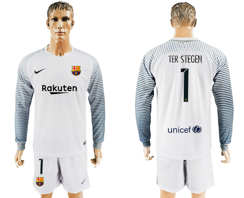 2017-18 Barcelona 1 TER STEGEN White Goalkeeper Long Sleeve Soccer Jersey
