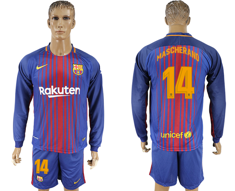 2017-18 Barcelona 14 MASCHERANO Home Long Sleeve Soccer Jersey