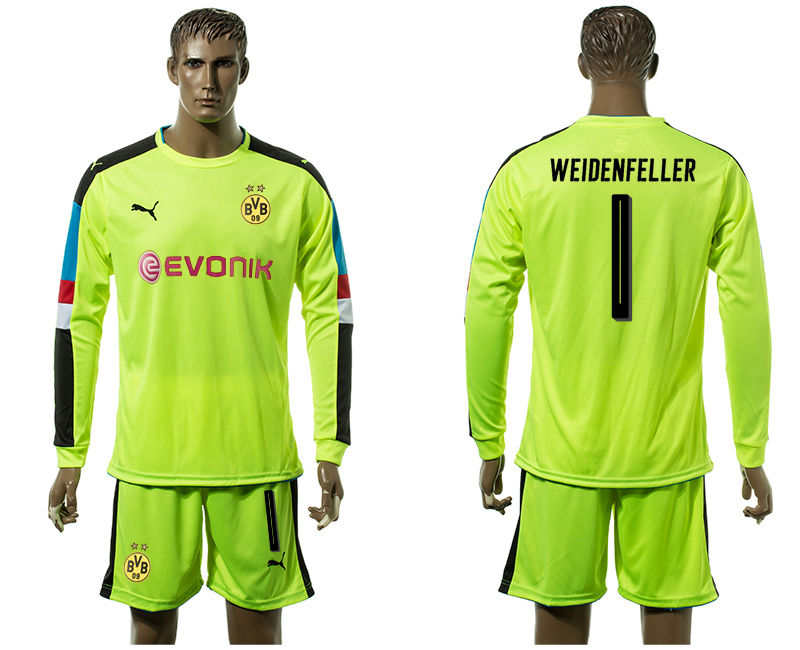 2017-18 Dortmund 1 WEIDENFELLER Fluorescent Green Goalkeeper Long Sleeve Soccer Jersey