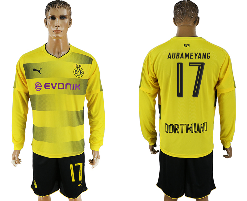 2017-18 Dortmund 17 AUBAMEYANG Home Long Sleeve Soccer Jersey