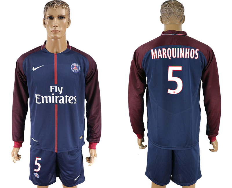 2017-18 Paris Saint-Germain 5 MARQUINHOS Home Long Sleeve Soccer Jersey