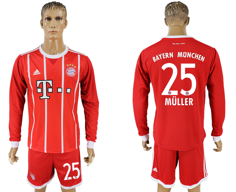 2017-18 Bayern Munich 25 MULLER Home Long Sleeve Soccer Jersey