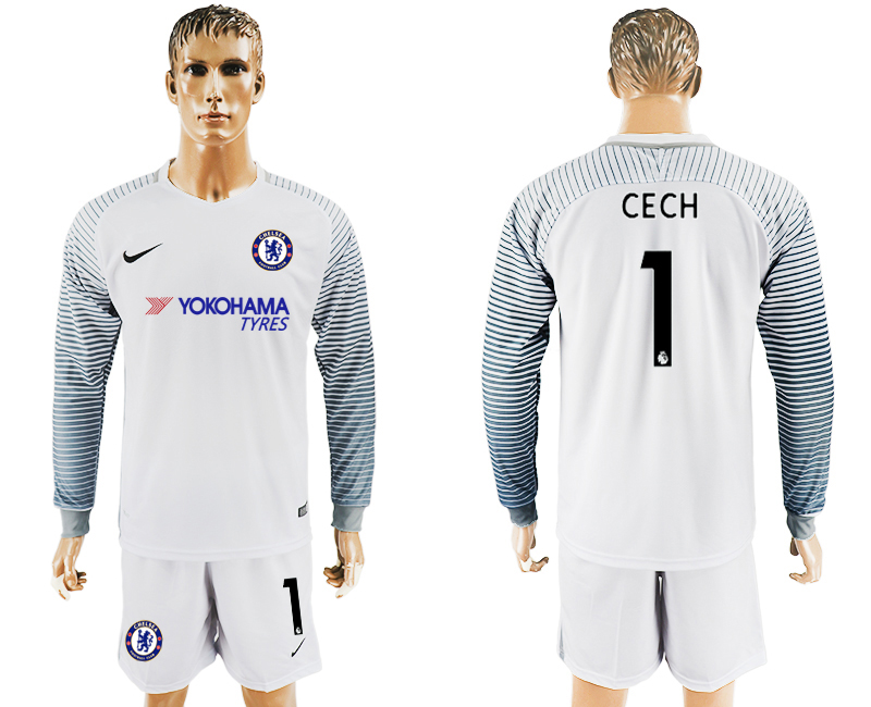 2017-18 Chelsea 1 CECH White Goalkeeper Long Sleeve Soccer Jersey