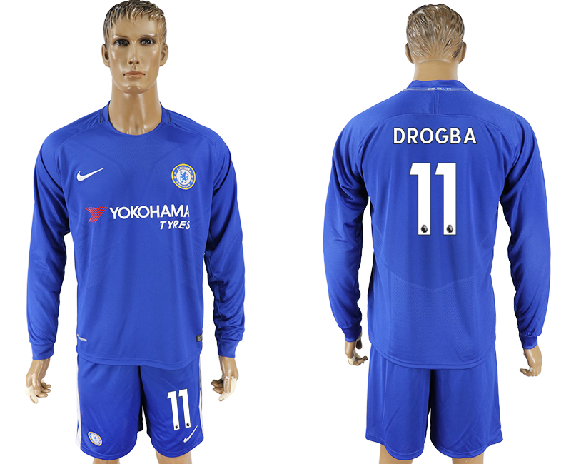 2017-18 Chelsea 11 DROGBA Home Long Sleeve Soccer Jersey