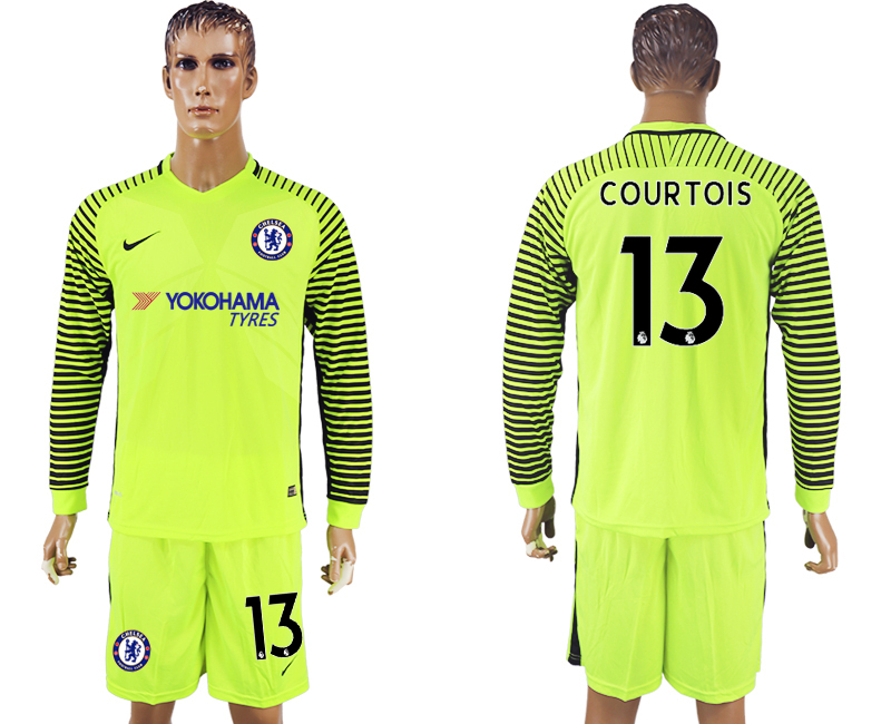 2017-18 Chelsea 13 COURTOIS Fluorescent Green Goalkeeper Long Sleeve Soccer Jersey