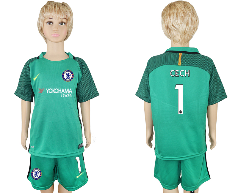 2017-18 Chelsea 1 CECH Green Goalkeeper Youth Soccer Jersey