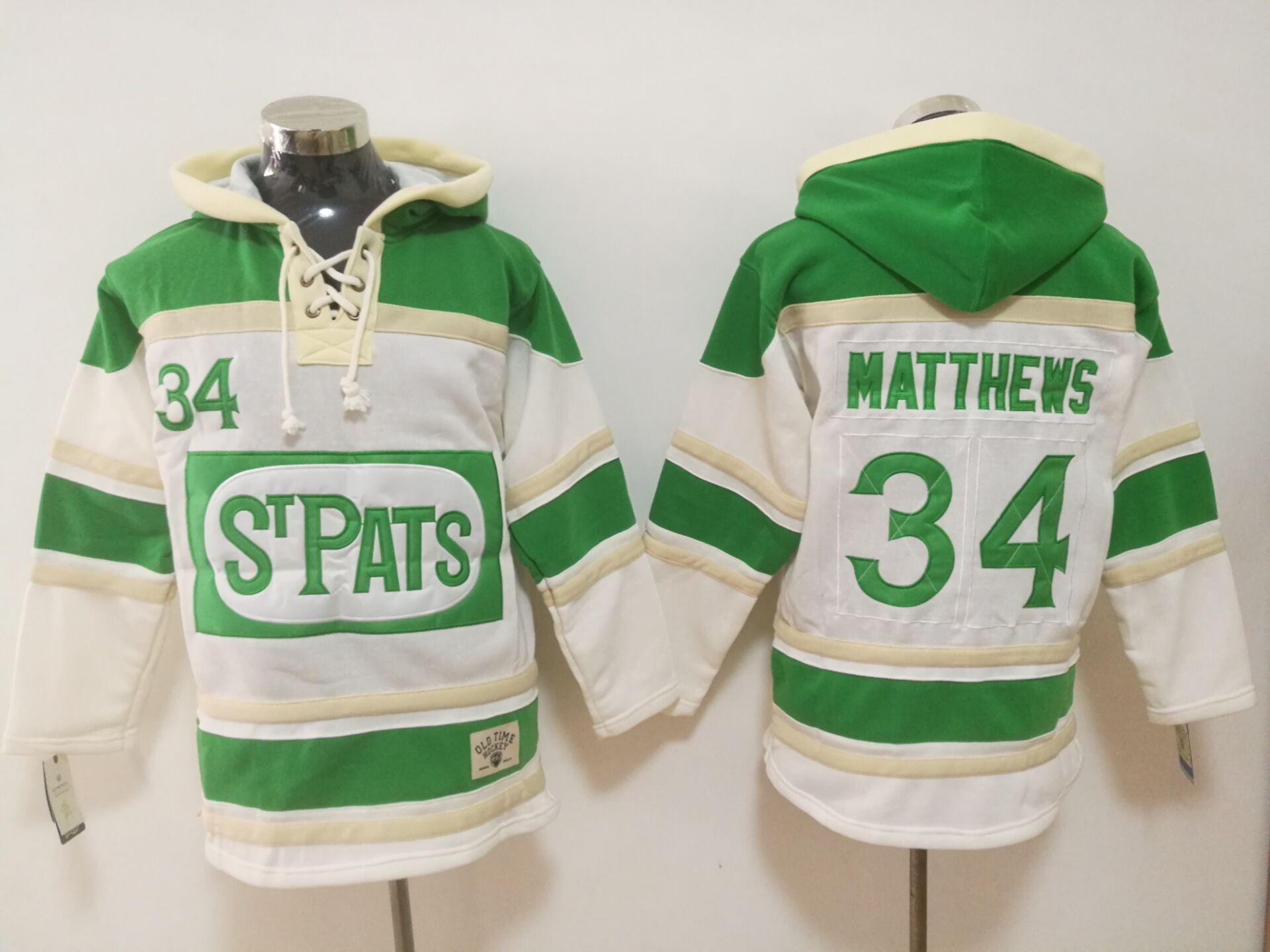 Maple Leafs 34 Auston Matthews White St. Patrick's Day All Stitched Hooded Sweatshirt