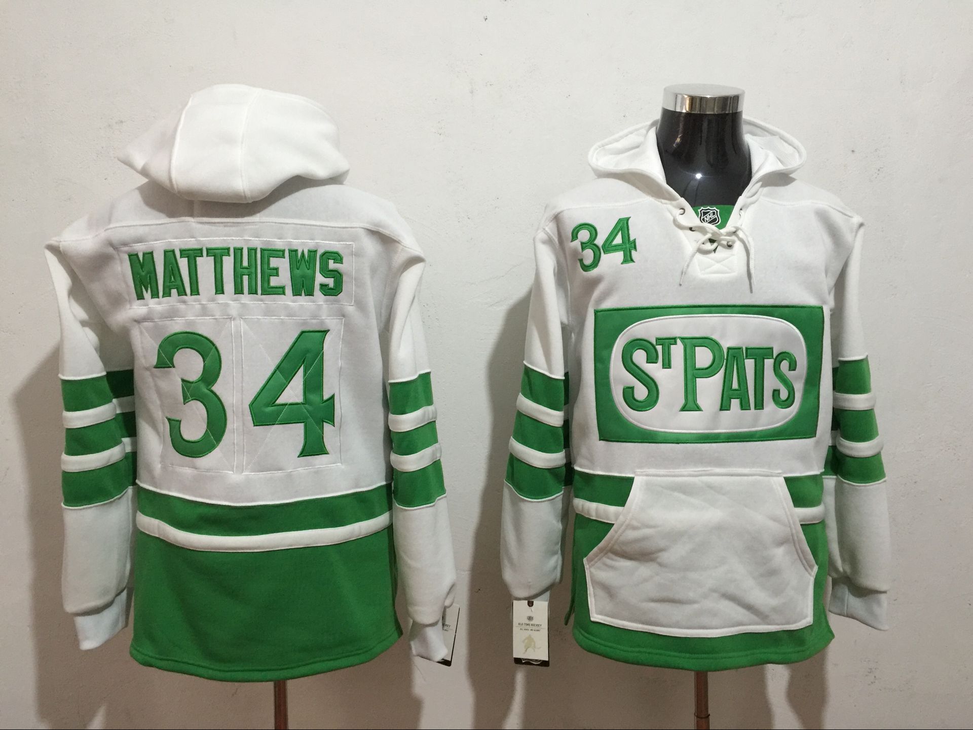 Maple Leafs 34 Auston Matthews White St. Patrick's Day All Stitched Hooded Sweatshirt2