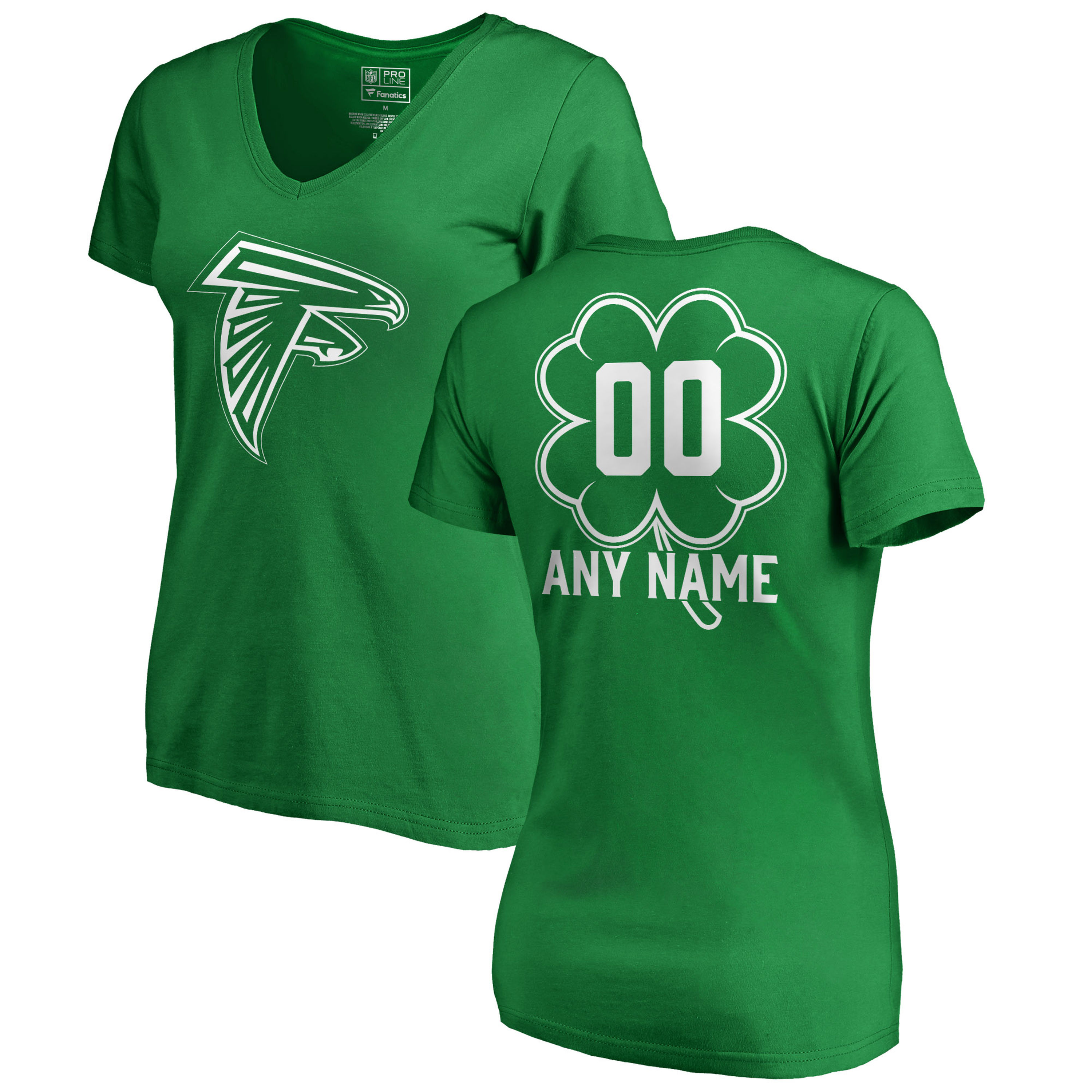 Women's Atlanta Falcons NFL Pro Line by Fanatics Branded Kelly Green St. Patrick's Day Personalized Name & Number Slim Fit V Neck T-Shirt