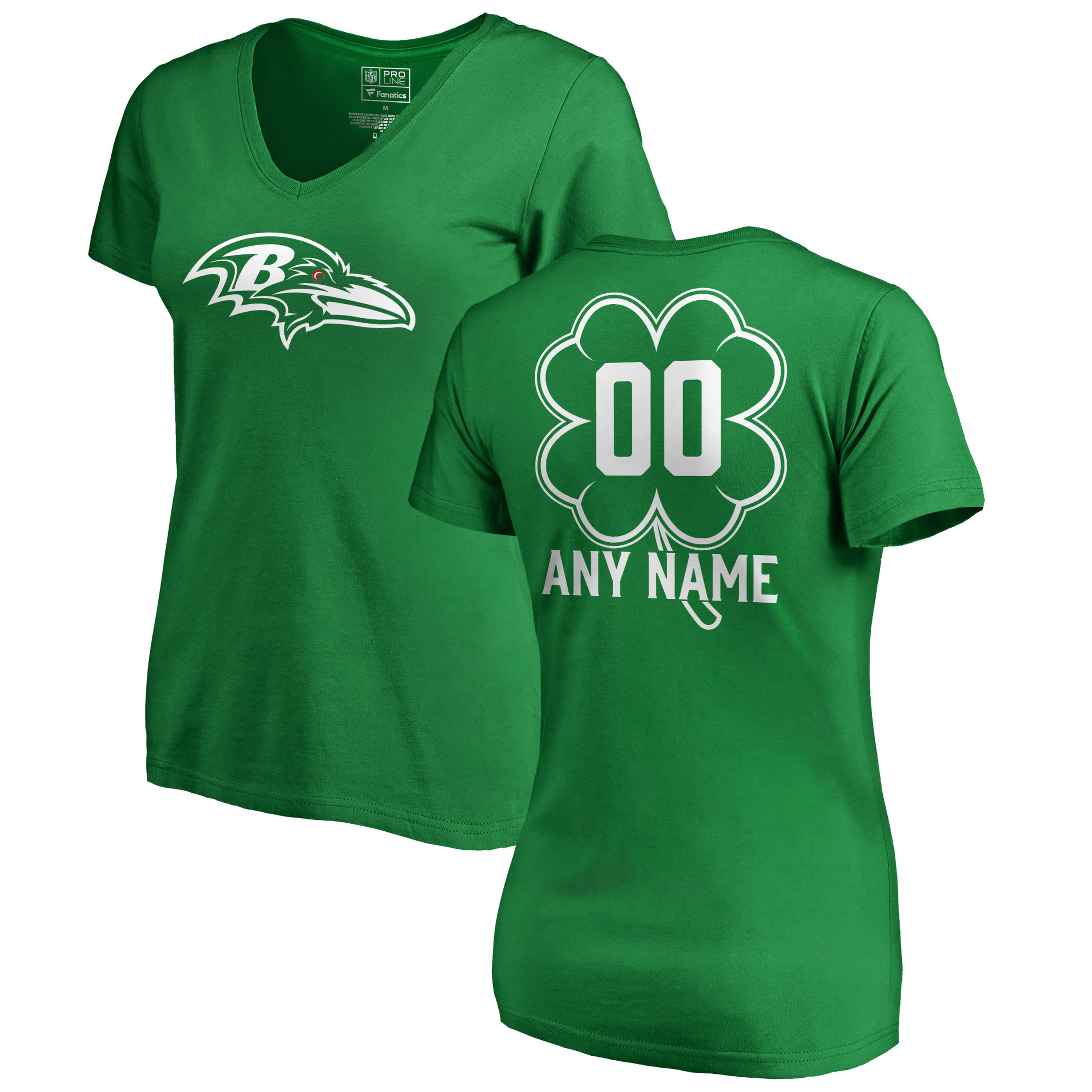 Women's Baltimore Ravens NFL Pro Line by Fanatics Branded Kelly Green St. Patrick's Day Personalized Name & Number Slim Fit V Neck T-Shirt