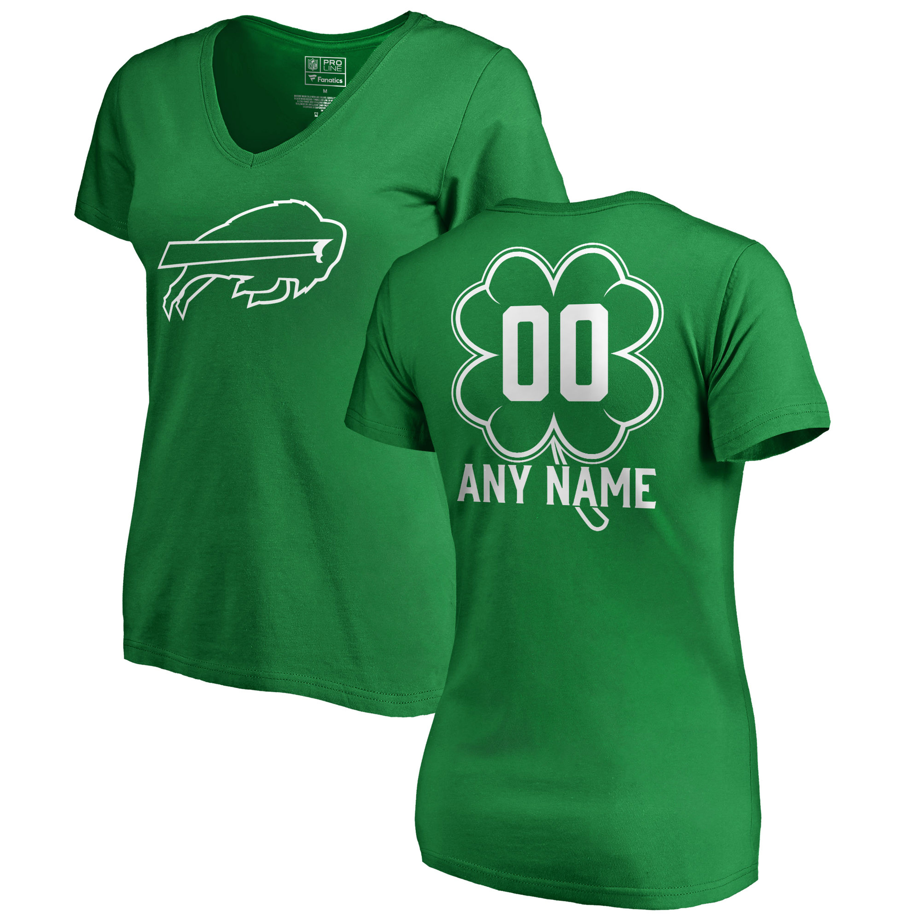 Women's Buffalo Bills NFL Pro Line by Fanatics Branded Kelly Green St. Patrick's Day Personalized Name & Number Slim Fit V Neck T-Shirt