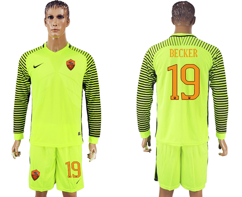 2017-18 Roma 19 BECKER Fluorescent Green Long Sleeve Goalkeeper Soccer Jersey
