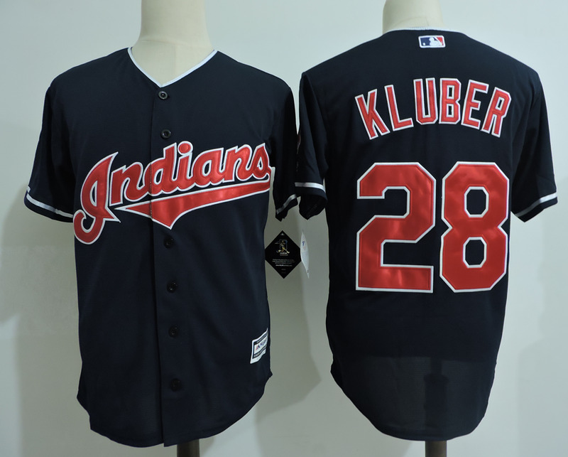 Indians 28 Corey Kluber Navy Cool Base Jersey - Click Image to Close