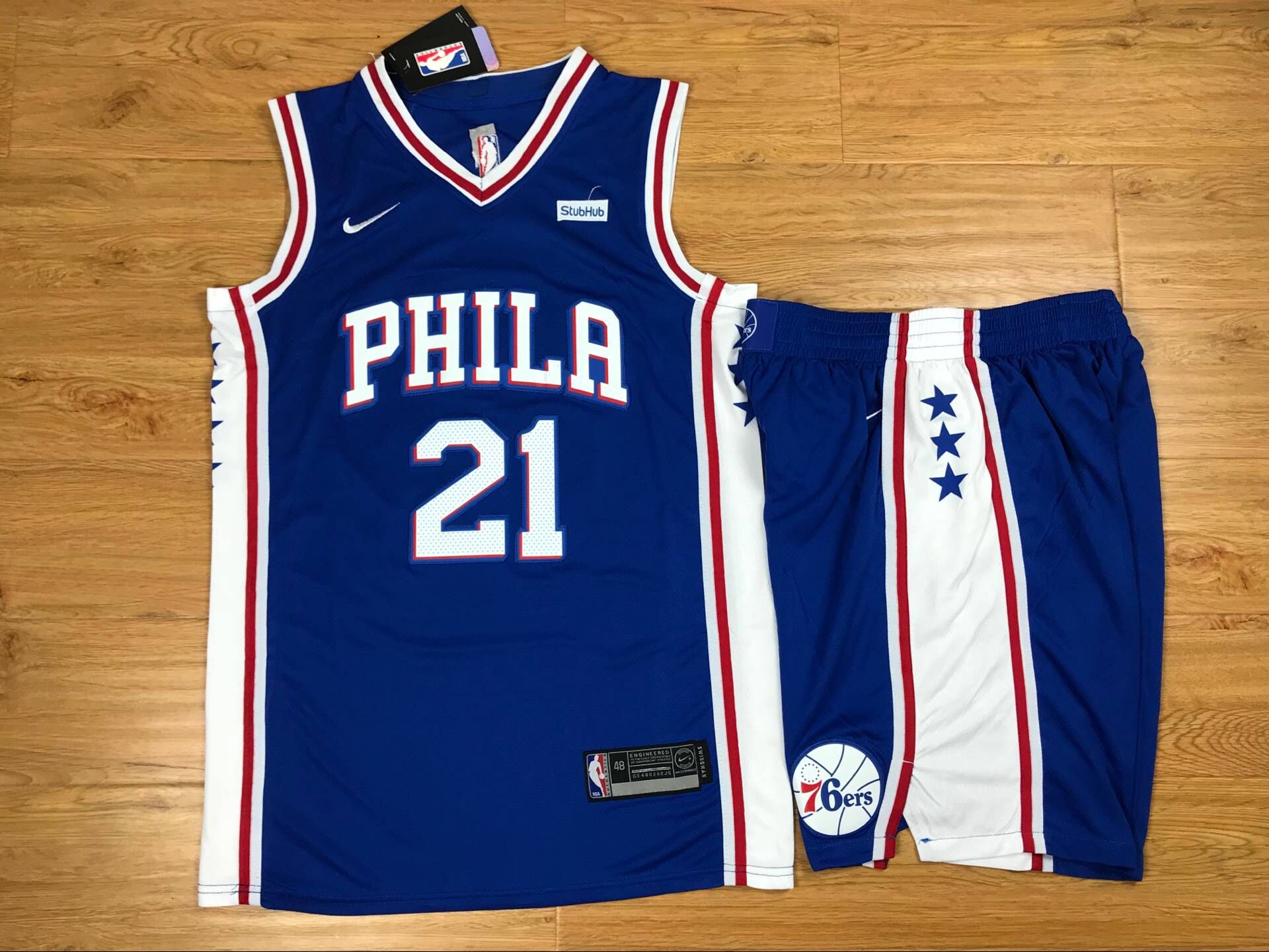 76ers 21 Joel Embiid Blue Nike Swingman Jersey(With Shorts) - Click Image to Close