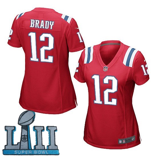 Nike Patriots 12 Tom Brady Red Women 2018 Super Bowl LII Game Jersey