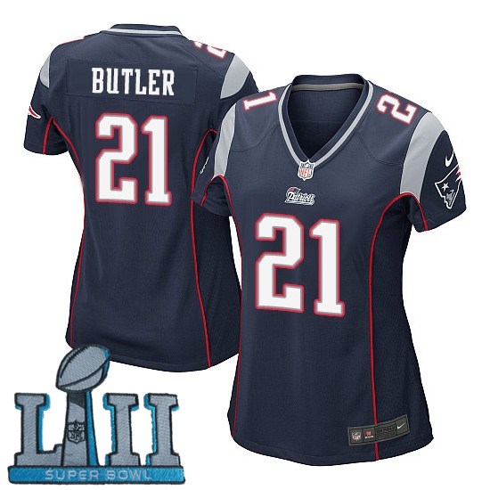 Nike Patriots 21 Malcolm Butler Navy Women 2018 Super Bowl LII Game Jersey