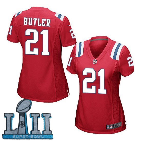 Nike Patriots 21 Malcolm Butler Red Women 2018 Super Bowl LII Game Jersey