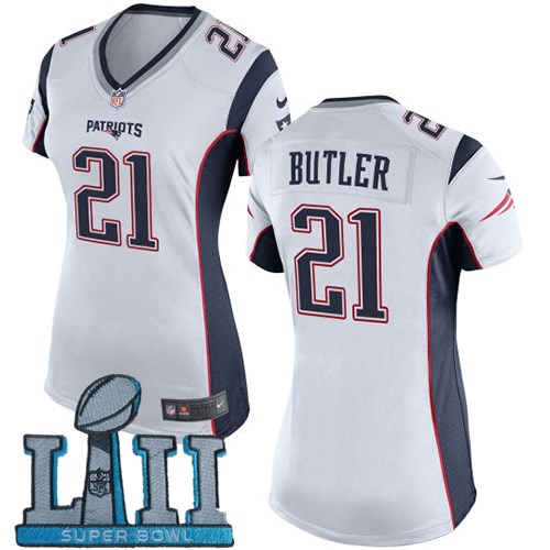 Nike Patriots 21 Malcolm Butler White Women 2018 Super Bowl LII Game Jersey