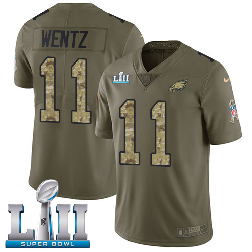 Nike Eagles 11 Carson Wentz Olive Camo 2018 Super Bowl LII Salute To Service Limited Jersey