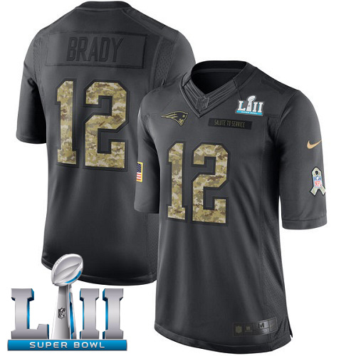 Nike Patriots 12 Tom Brady Anthracite 2018 Super Bowl LII Salute to Service Limited Jersey