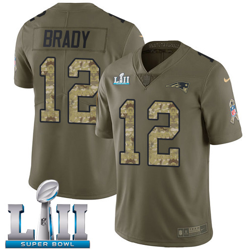 Nike Patriots 12 Tom Brady Olive Camo 2018 Super Bowl LII Salute To Service Limited Jersey - Click Image to Close