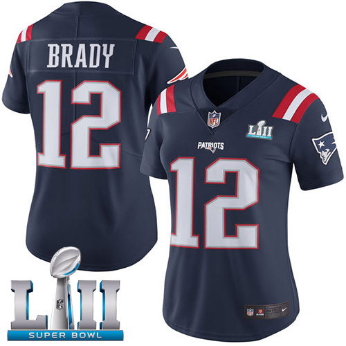 Nike Patriots 12 Tom Brady Navy Women 2018 Super Bowl LII Color Rush Limited Jersey