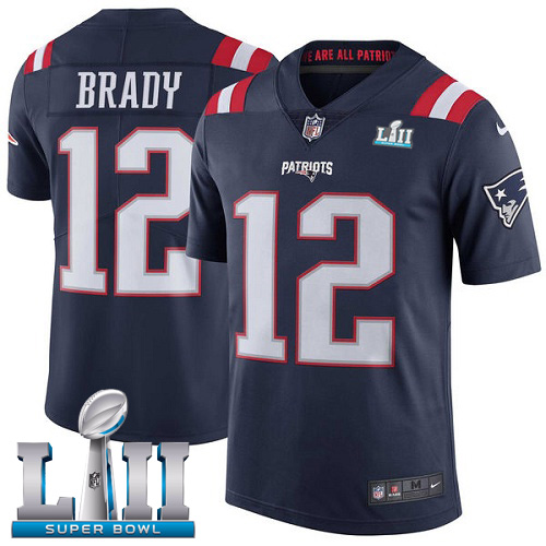Nike Patriots 12 Tom Brady Navy Youth 2018 Super Bowl LII Color Rush Limited Jersey