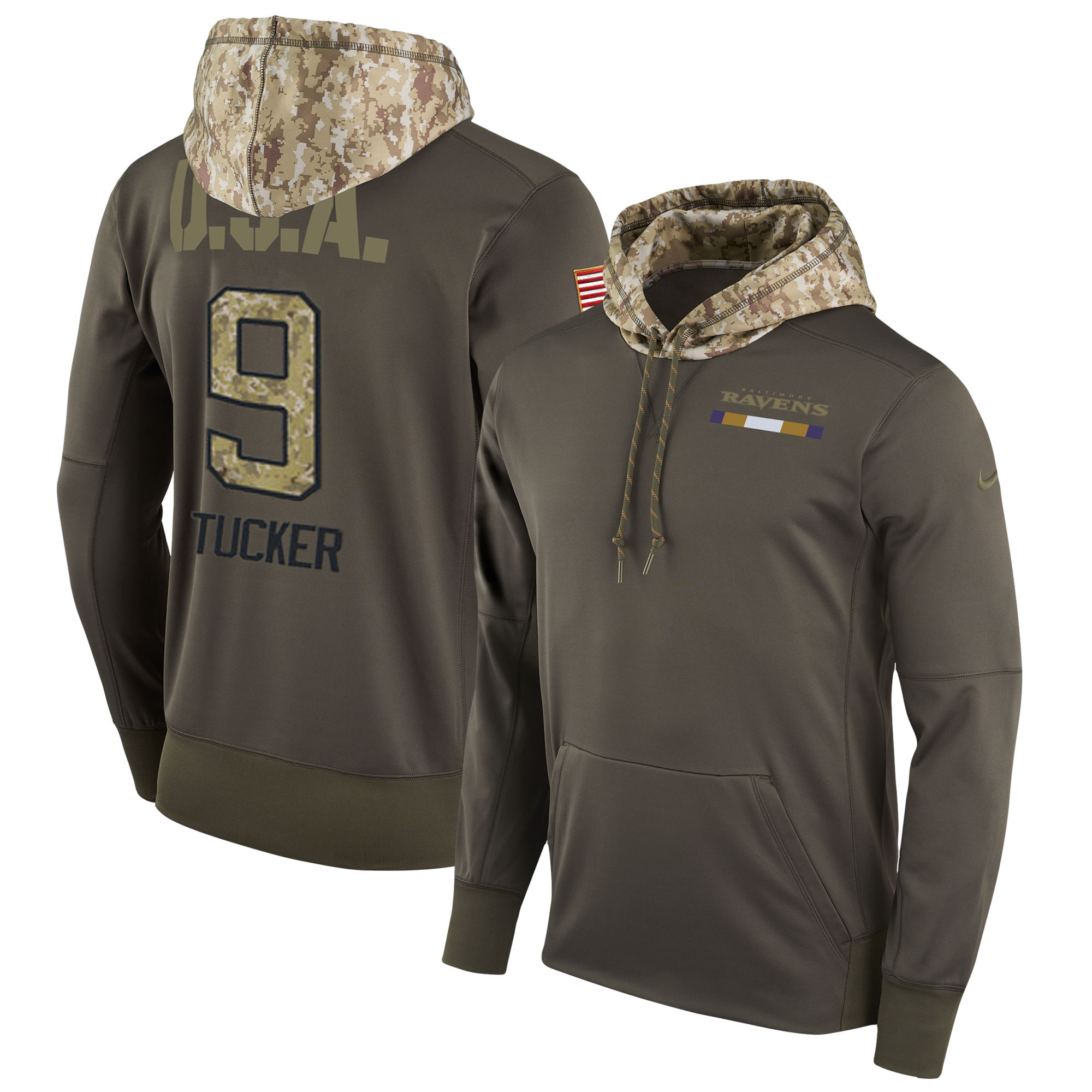 Nike Ravens 9 Justin Tucker Olive Salute To Service Pullover Hoodie