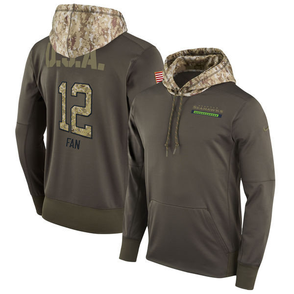 Nike Seahawks 12 Fan Olive Salute To Service Pullover Hoodie - Click Image to Close