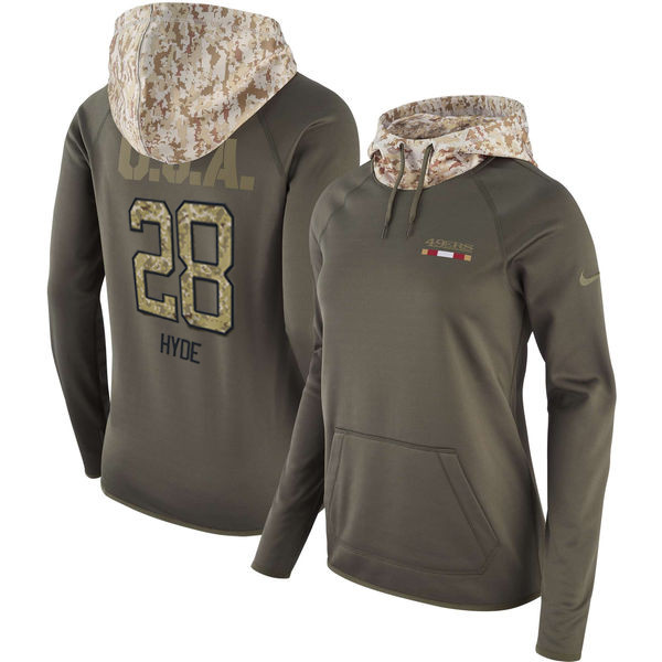 Nike 49ers 28 Carlos Hyde Olive Women Salute To Service Pullover Hoodie