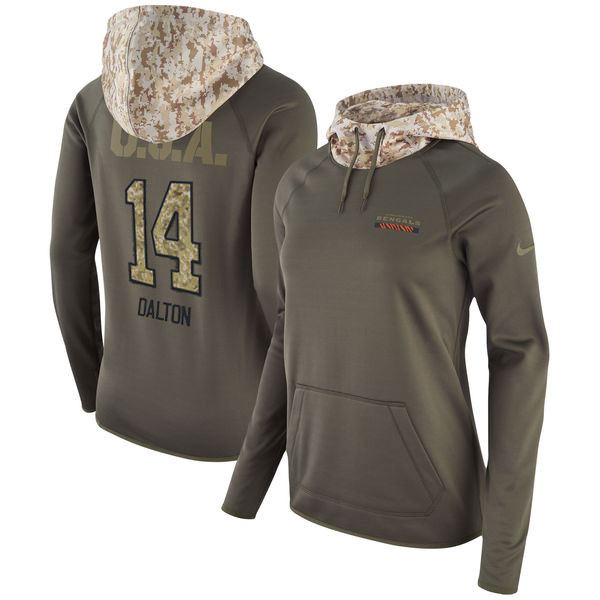 Nike Bengals 14 Andy Dalton Olive Women Salute To Service Pullover Hoodie