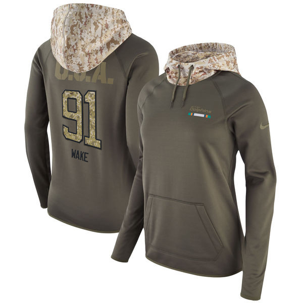 Nike Dolphins 91 Cameron Wake Olive Women Salute To Service Pullover Hoodie