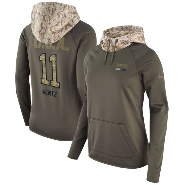 Nike Eagles 11 Carson Wentz Olive Women Salute To Service Pullover Hoodie