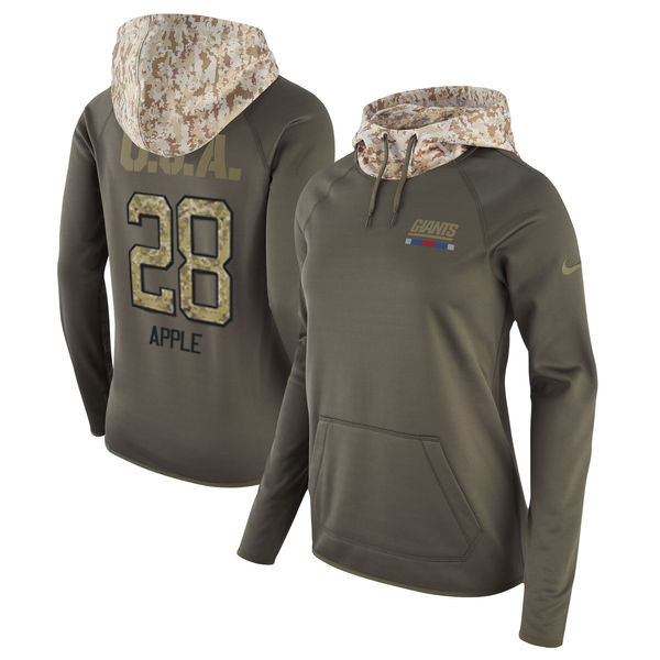 Nike Giants 28 Eli Apple Olive Women Salute To Service Pullover Hoodie