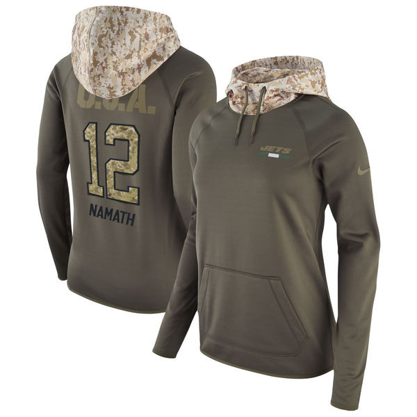 Nike Jets 12 Joe Namath Olive Women Salute To Service Pullover Hoodie - Click Image to Close
