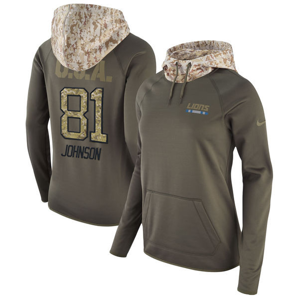 Nike Lions 81 Calvin Johnson Olive Women Salute To Service Pullover Hoodie