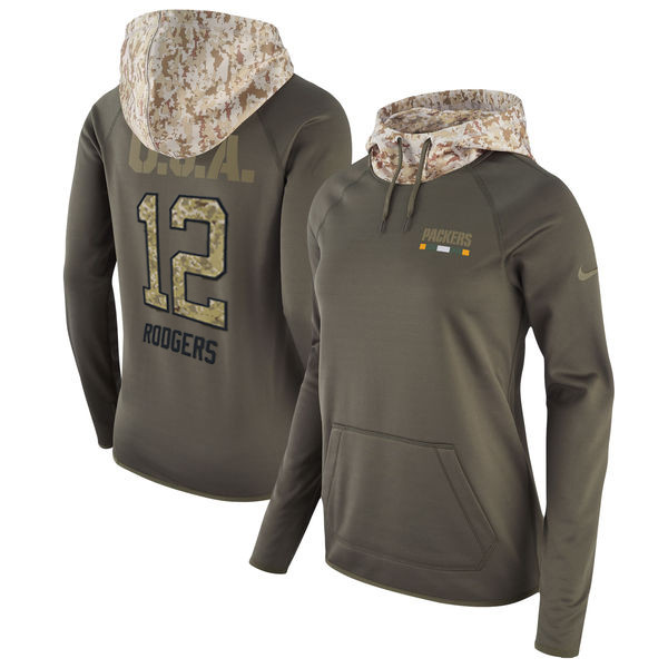 Nike Packers 12 Aaron Rodgers Olive Women Salute To Service Pullover Hoodie