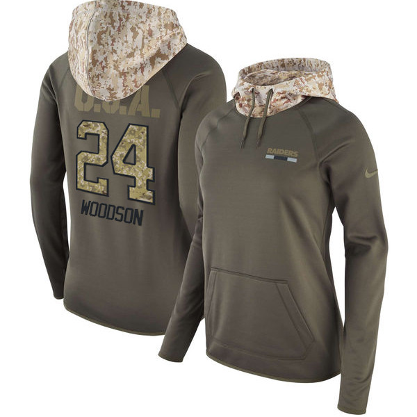 Nike Raiders 24 Charles Woodson Olive Women Salute To Service Pullover Hoodie